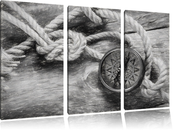 Pixxprint Schiffseil und Kompass als Leinwandbild/Grösse: 3 Teilig (120x80 cm) cm/Wandbild/Kunstdruc