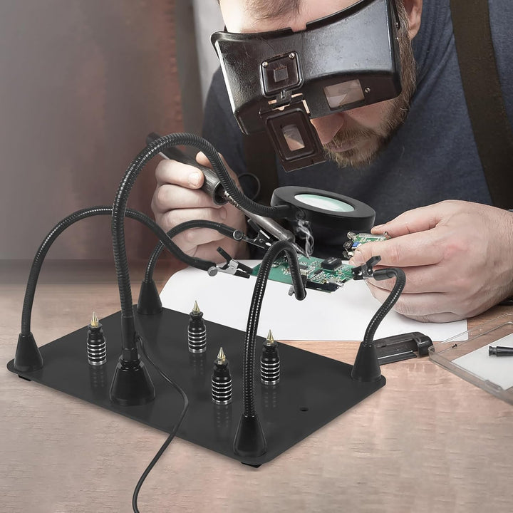 Magnetische helfende Hand, lötende Dritte Hände mit 3X LED Lupenlampe, 4 PCB Säulen Leiterplattenhal