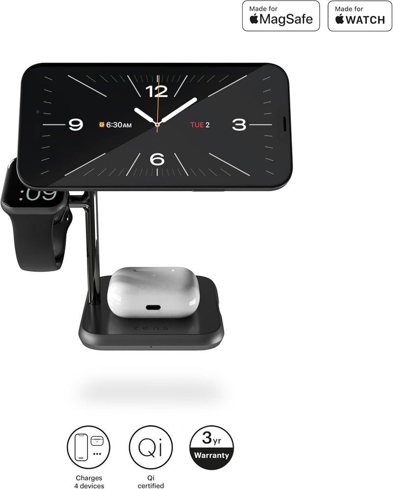 ZENS MagSafe+Watch 15W MagSafe Ladestation 3 in 1 für iPhone, Apple Watch und AirPods (Made for MagS