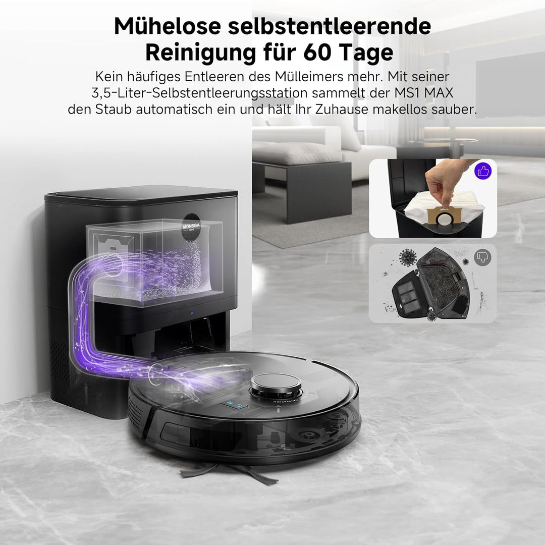 MONSGA Saugroboter mit Wischfunktion, 3.5L Staubsauger Roboter mit Absaugstation, 5000Pa Saugkraft,