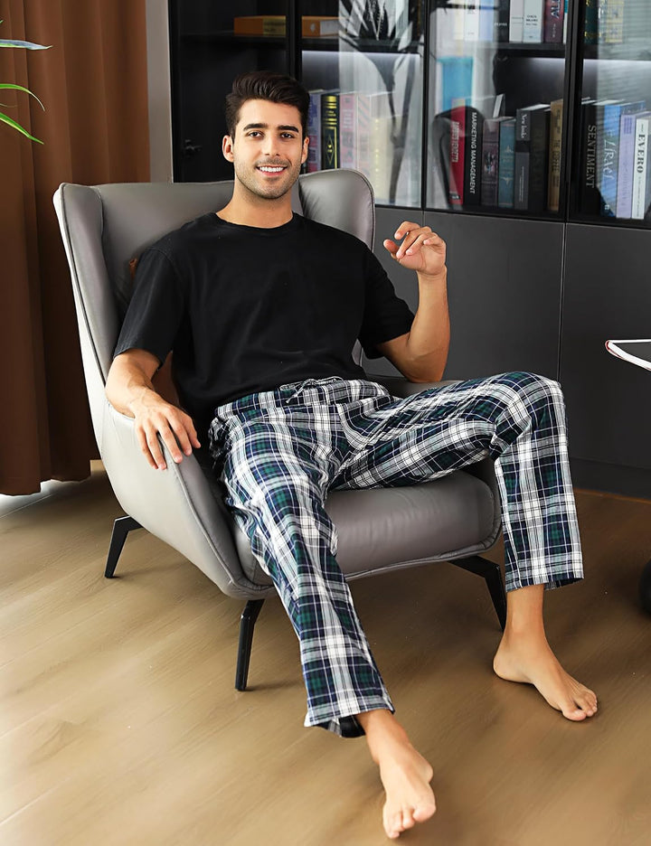 Aseniza Herren Schlafanzughose Lang Baumwolle Karierte Schlafhose Pyjamaunterteil Pyjamahose Freizei