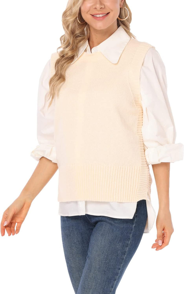 Dilgul Damen Weste Pullunder Ärmellos Weste Strick Winter Strickweste Pullover Rundhalsausschnitt St