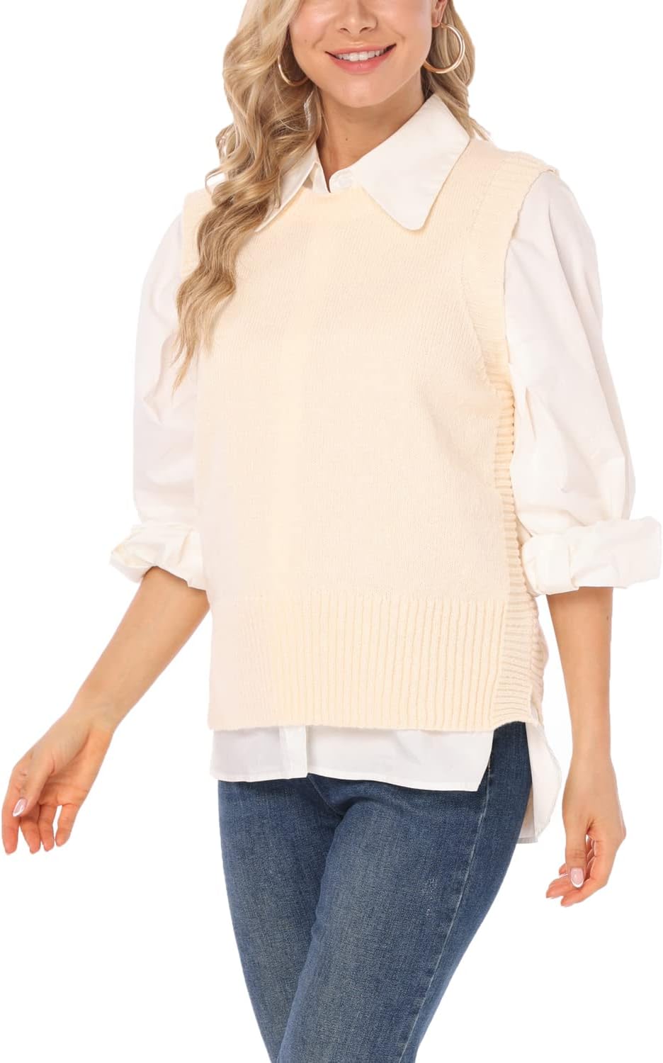 Dilgul Damen Weste Pullunder Ärmellos Weste Strick Winter Strickweste Pullover Rundhalsausschnitt St