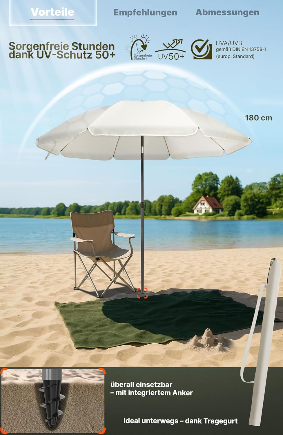 4smile Sonnenschirm für Strand und Balkon Ø 180 cm, Beige - UPF 50+ Balkonschirm SunnyJoy, Strandsch