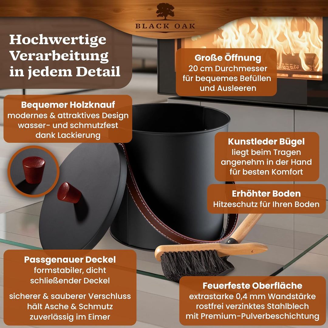 BLACK OAK Ascheeimer TOBA 5L - schwarz mit Deckel mit Holzknauf + Feger + Schaufel & Handschuhen - 5