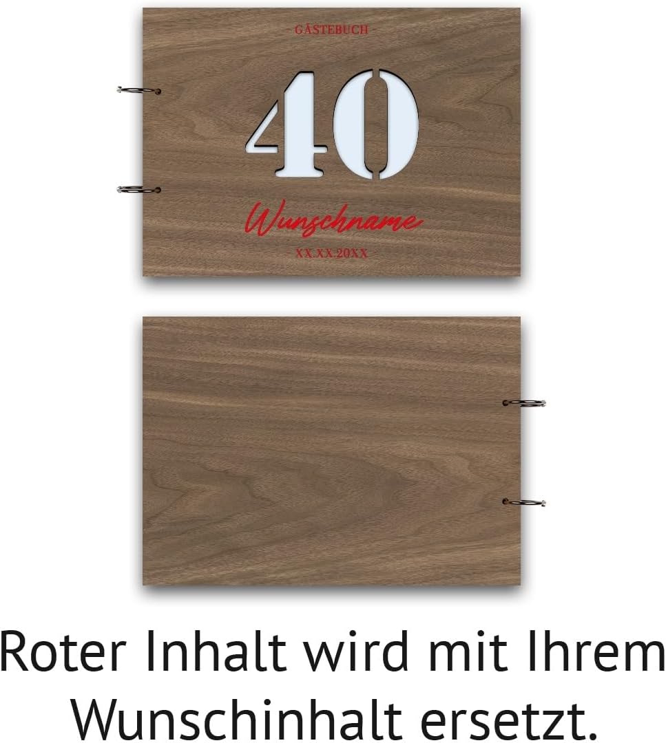 Individuelles Gästebuch zum 40. Geburtstag – Echtes Holz mit Persönlicher Gravur, Zahl ausgestanzt –