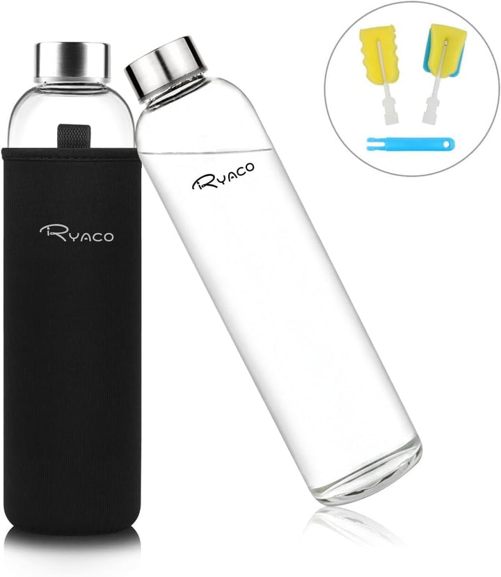 Ryaco Trinkflasche aus Glas 550ml/750ml/1000ml/1L,Glasflasche mit Neoprenhülle,Glastrinkflasche mit