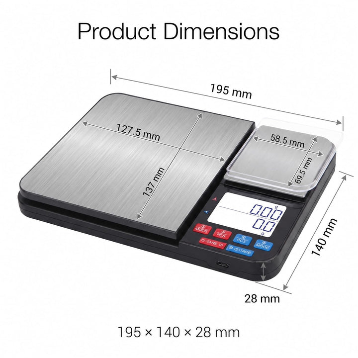 Küchenwaage Digital, Doppelwaage feinwaage 5 kg/1 g und 500 g/0,01 g grammwaage, 7 Masseinheiten, Zä