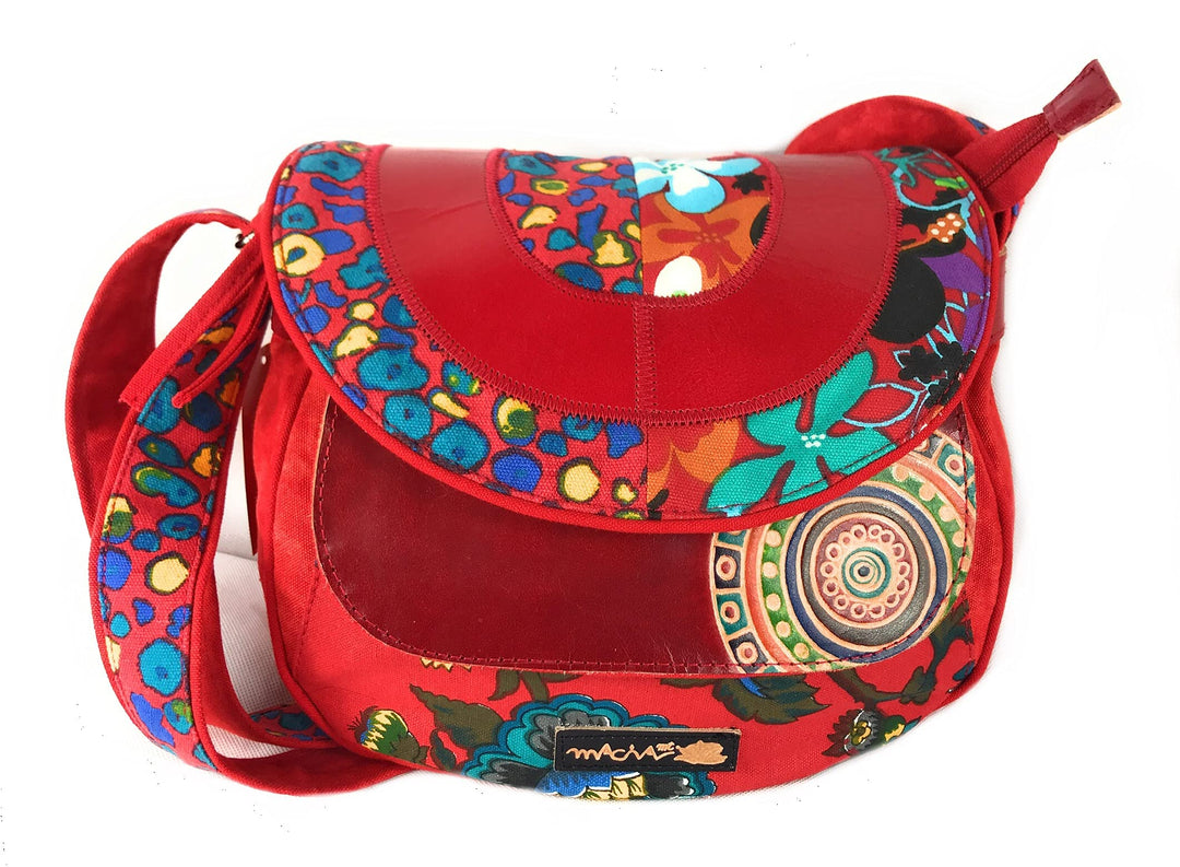 Macha Ethnische Baumwolltasche mit bunten Prints und Ledereinsätzen, Schultertasche aus Baumwolle un