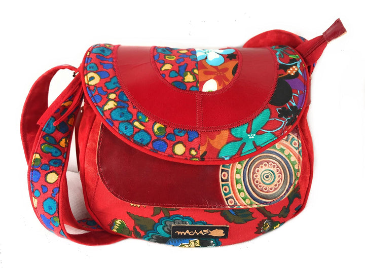 Macha Ethnische Baumwolltasche mit bunten Prints und Ledereinsätzen, Schultertasche aus Baumwolle un