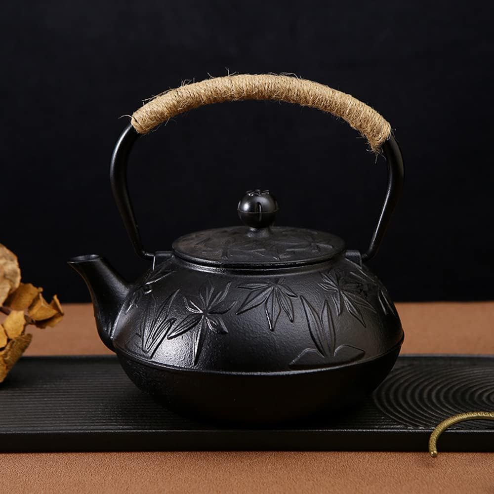 Webao Teekanne Gusseisen, 800ml Asiatische Teekanne Teekessel mit Edelstahl Sieb, Schwarz Ahornblätt