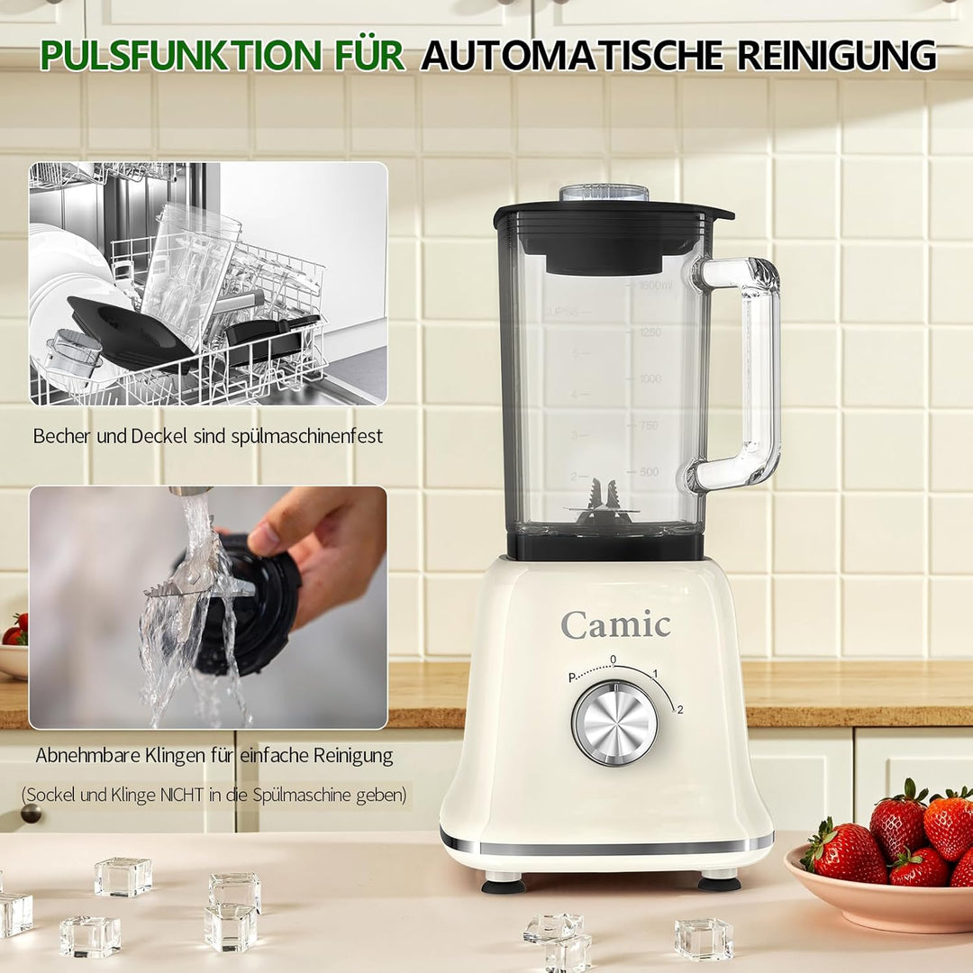 Camic Standmixer 1200W Hochleistungsmixer 3-in-1 mit 1,6L Glasbehälter Mixer & 400ml Reisebecher & 2