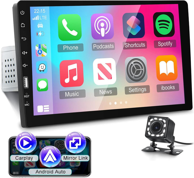 NHOPEEW 9" 1 Din Autoradio mit Apple Carplay / Android Auto, Doppel Din Touch Display Media MP5 Play