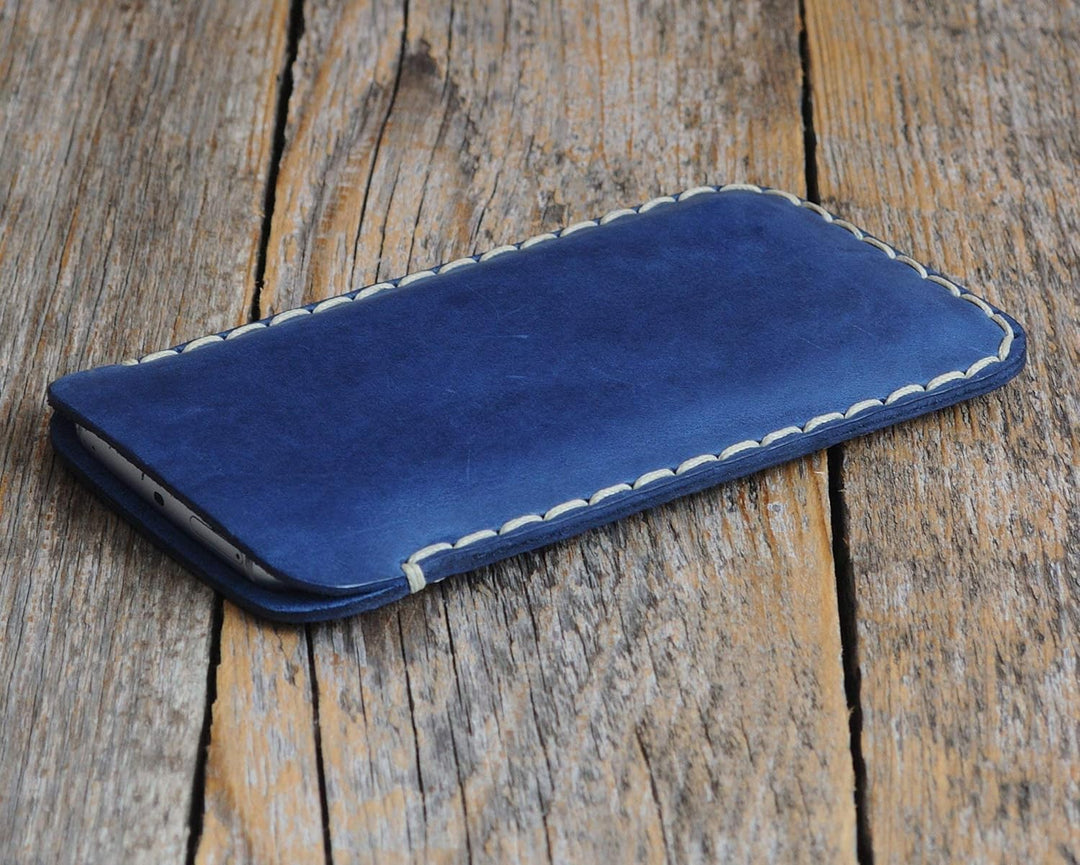 Blaues Leder Hülle für iPhone 15 PRO MAX, Handgenähtes Etui