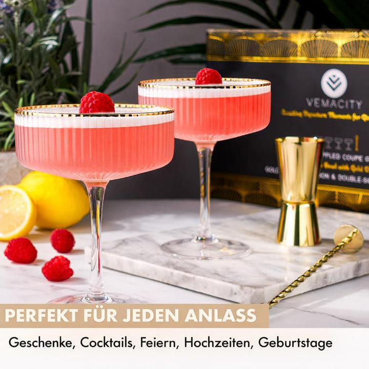 Vemacity Cocktail Set - Glas Cocktail Shaker mit Sieb 450ml | Ink. 2 x Martini Gläser mit Goldrand G