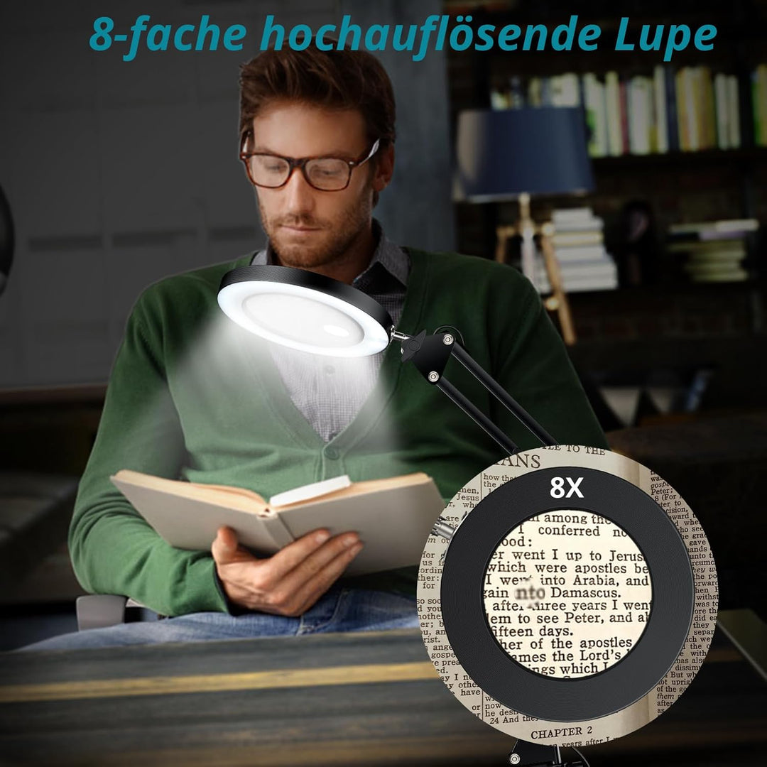8X/15X LED Lupenleuchte mit Schwenkarm, Lupe mit Licht, Tischlampe mit 3 Farbmodi 10 Helligkeitsstuf