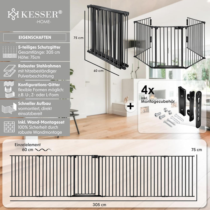 KESSER® Kaminschutzgitter mit Tür 305 cm Metall Ofenschutzgitter Laufgitter Laufstall Absperrgitter