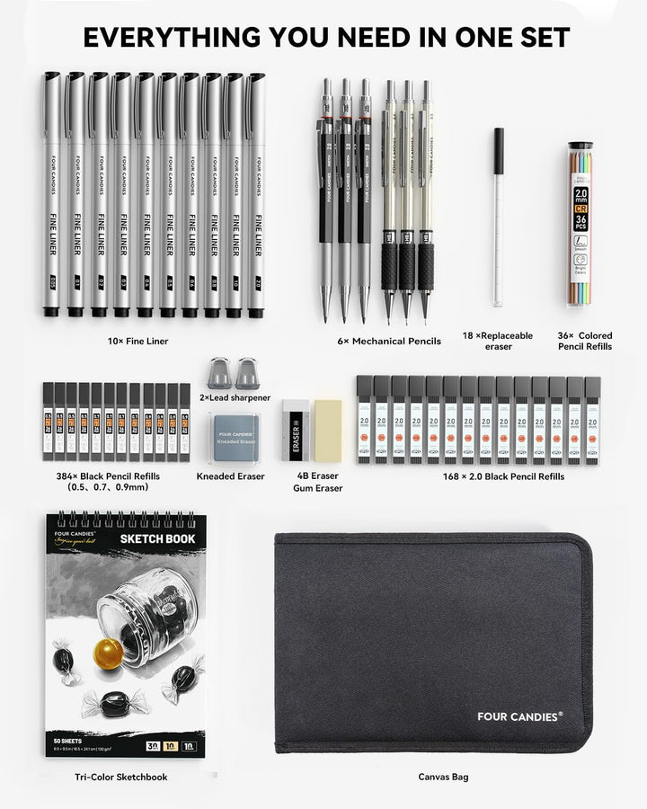 Four Candies 52 Stück Kunstzubehör Skizzier- und Zeichenset mit 10 Micron Fineliner-Stiften, 6 Zeich