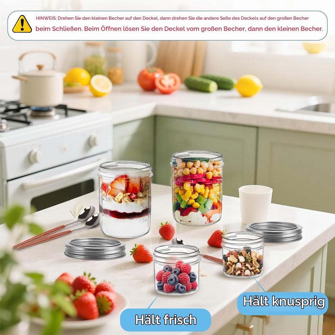 4er Overnight Oats Gläser 400ml+100ml, Joghurtbecher to go mit Doppelschicht-Design und Edelstahlöff