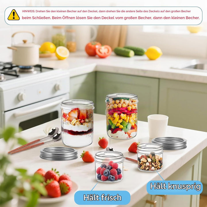 4er Overnight Oats Gläser 400ml+100ml, Joghurtbecher to go mit Doppelschicht-Design und Edelstahlöff