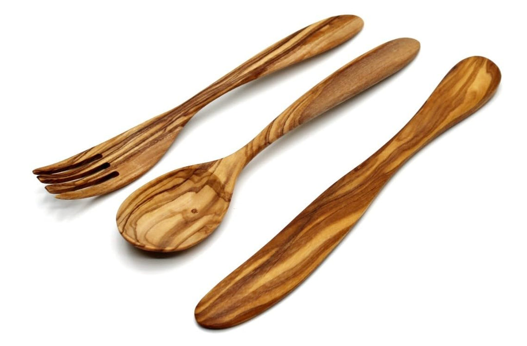 DAGDEG Olivenholz Set Besteck Set, 3- teilig, 20 cm, Mediterranes Tischbesteck, Tafelbesteck aus Oli