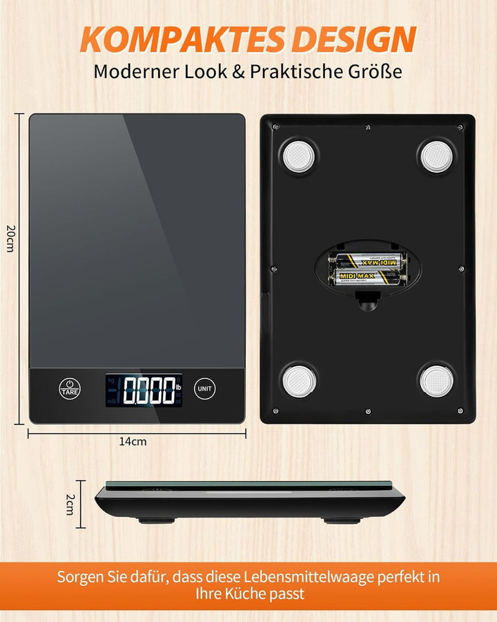 Küchenwaage Digitale mit LCD-Display und Tara-Funktion, Präzise 1g Messung zum Backen und Kochen, Gl