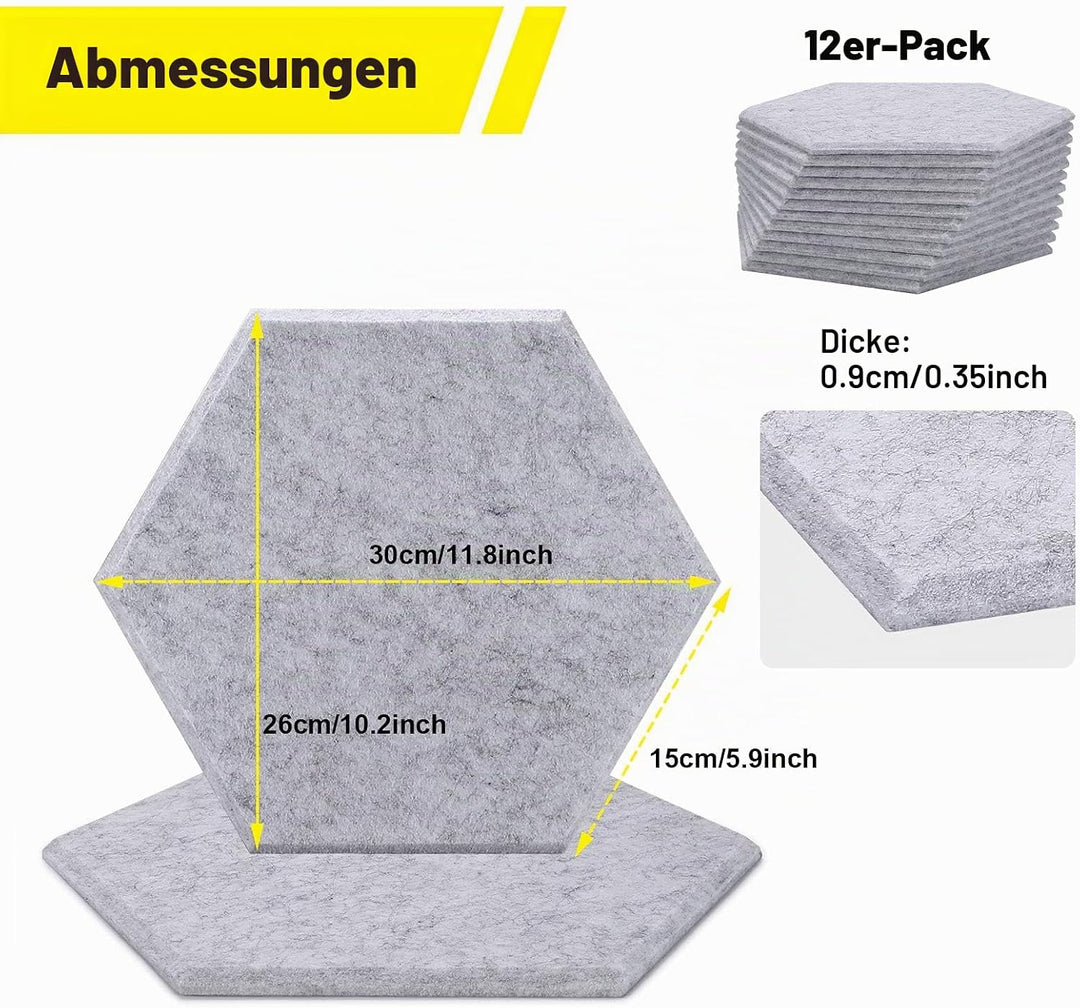 12 Packungen Akustische Absorptions-Paneels, AGPTEK 30 x 26 x 0,9 cm Hexagon Absorptionsplatten, Aku
