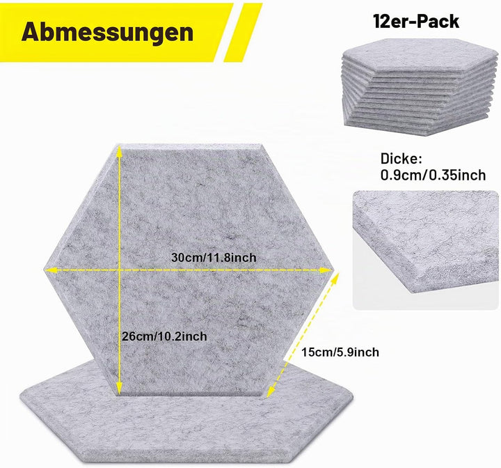 12 Packungen Akustische Absorptions-Paneels, AGPTEK 30 x 26 x 0,9 cm Hexagon Absorptionsplatten, Aku