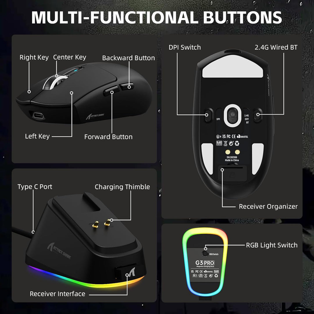 ATTACK SHARK G3PRO Kabellose Gaming-Maus mit Magnetischer Ladestation, PixArt PAW3311-Sensor, Bis zu