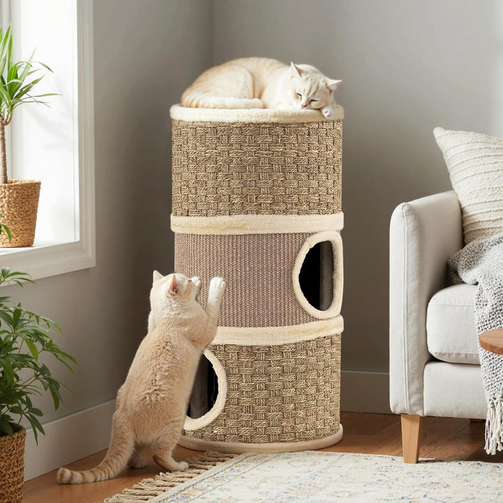 GOPLUS Kratztonne 3 Ebenen, 70 cm Katzentonne mit 3 Höhlen, Sisal-Kratzbrett, Plüschbett & Seetangse