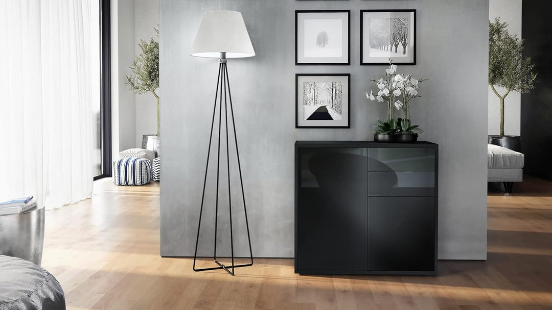 Vladon Sideboard Ben, Kommode mit 2 Türen und 2 Schubladen, Schwarz matt/Schwarz Hochglanz (79 x 74