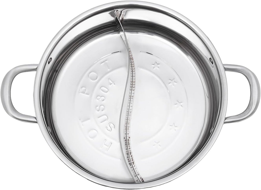 28cm Edelstahl Hot Pot Shabu Kocher Kochgeschirr Doppelseitig mit Suppenkellen & Deckel 2 Grid Shabu