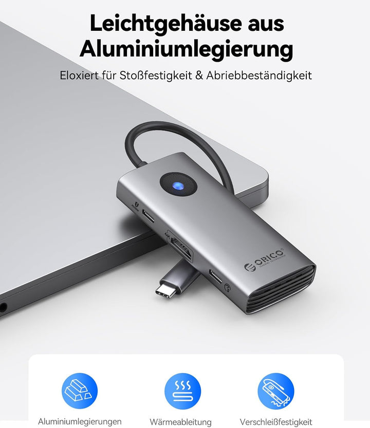 ORICO Docking Station, 6 in 1 USB C Hub Dock mit HDMI 4K+PD100W+4×USB3.0, USB 3.0 Hub Multiport Adap