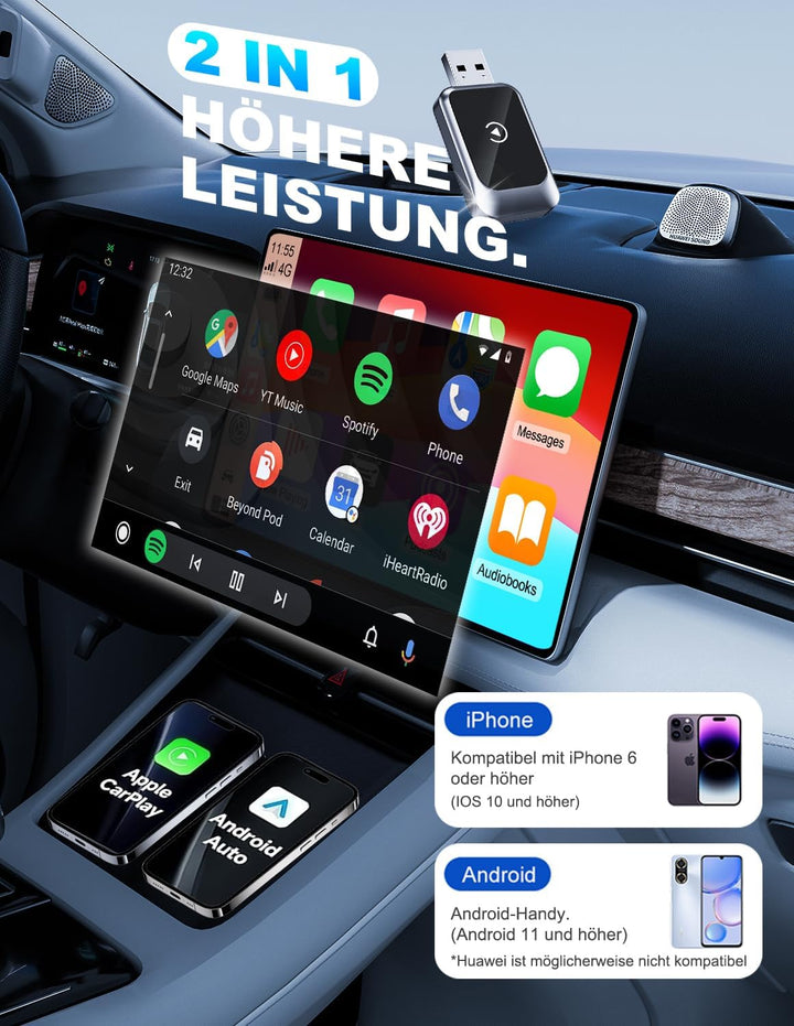 2026 Upgraded 2-in-1 Carplay Wireless Adapter, unterstützt CarPlay+Android Auto, Bluetooth 5.4 draht