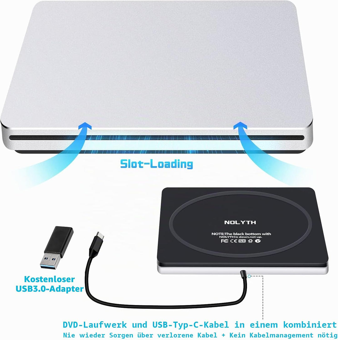 NOLYTH Externes CD Laufwerk für Laptop, DVD Laufwerk Extern für Mac MacBook, Slot-in Externe Optisch