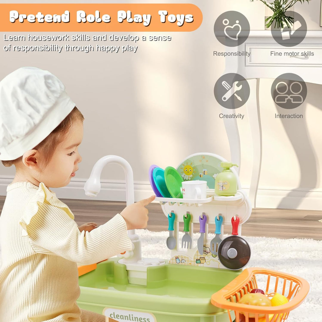 Kinder Spielküche mit Spülbecken,Wasserhahn,Geschirr und Zubehör,Küchenspüle Spielzeug Set mit Wasse