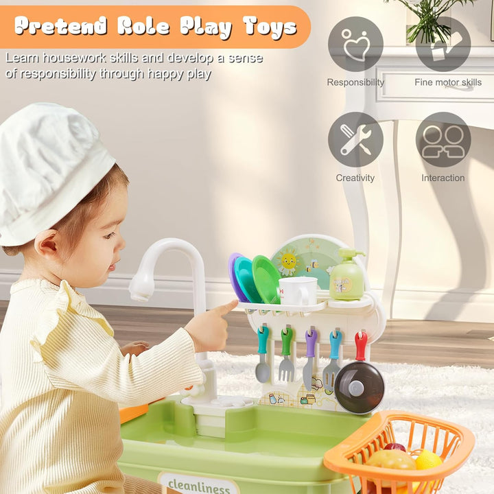 Kinder Spielküche mit Spülbecken,Wasserhahn,Geschirr und Zubehör,Küchenspüle Spielzeug Set mit Wasse