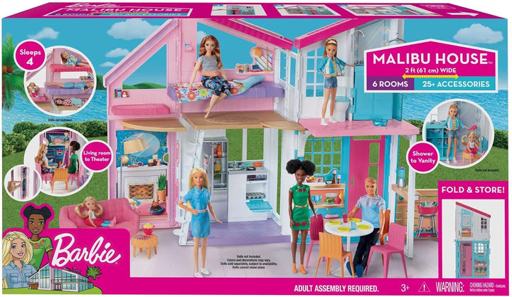 Barbie Malibu Haus, zweistöckige Traumvilla, mit 6 Zimmern, 25+ Barbie Zubehör, ohne Barbie Puppen,