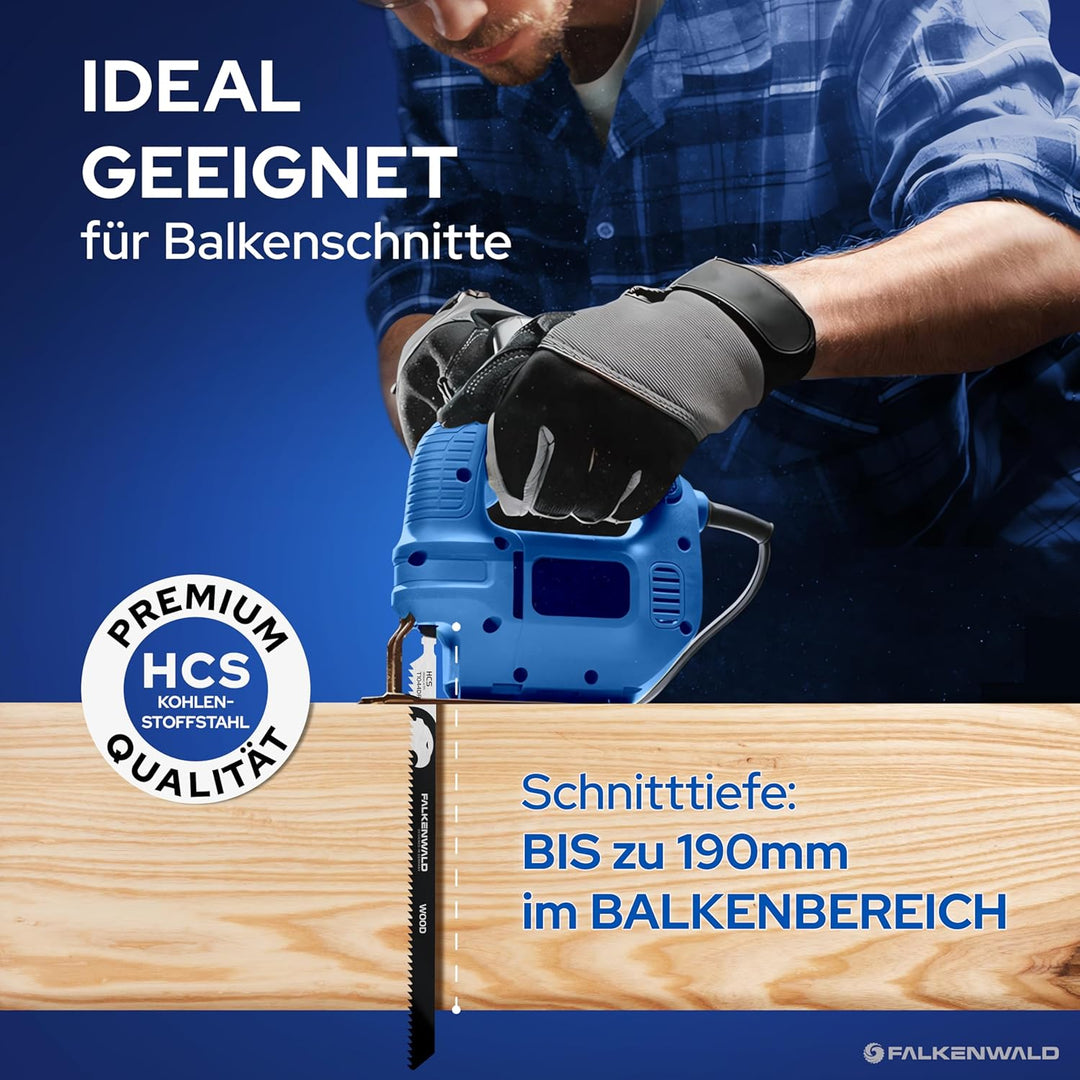 FALKENWALD® Stichsägeblätter Holz 5x T1044DP – Extra Lang 250 mm - Tiefe Schnitte bis 190 mm - T-Sch