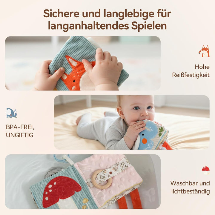 WOODEN TEETHER Babybuch Stoffbuch mit Spiegel, Baby Spielzeug 0-6 Monate Sensorisches Buch - Interak