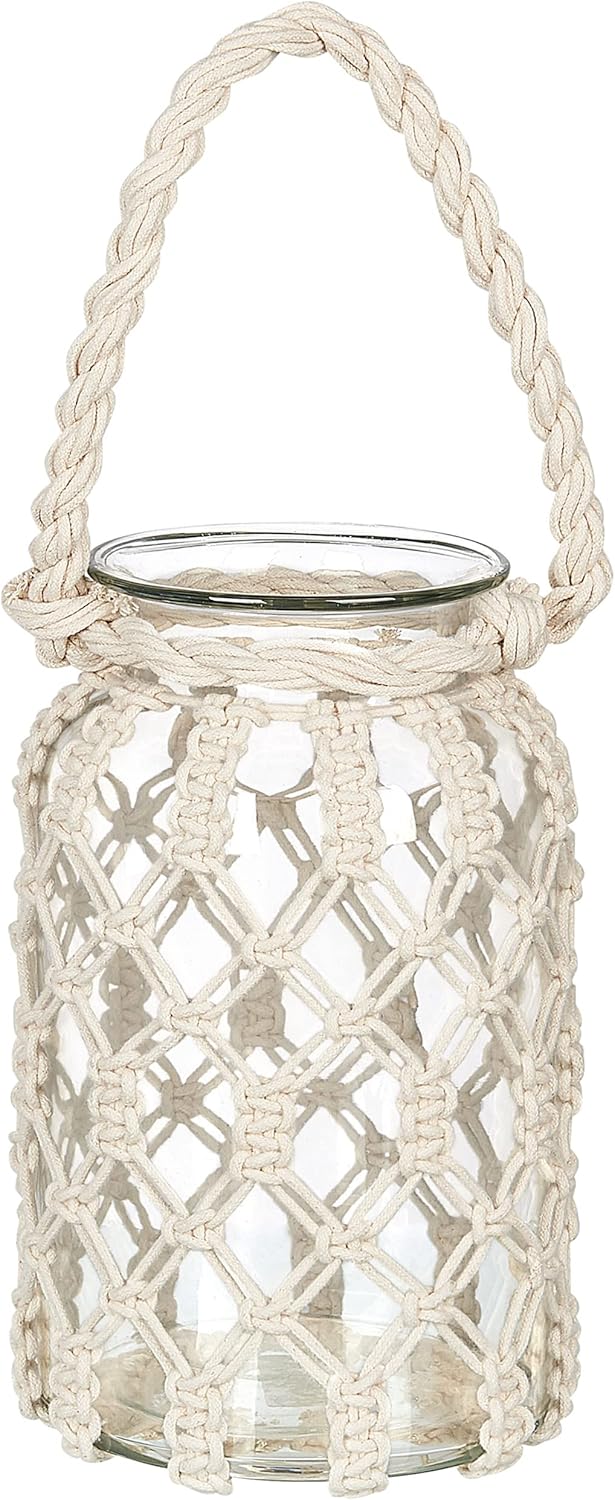 Laterne Glas weiss 31 cm mit Griff Makramee geflochten Tischdeko Boho Jalebi