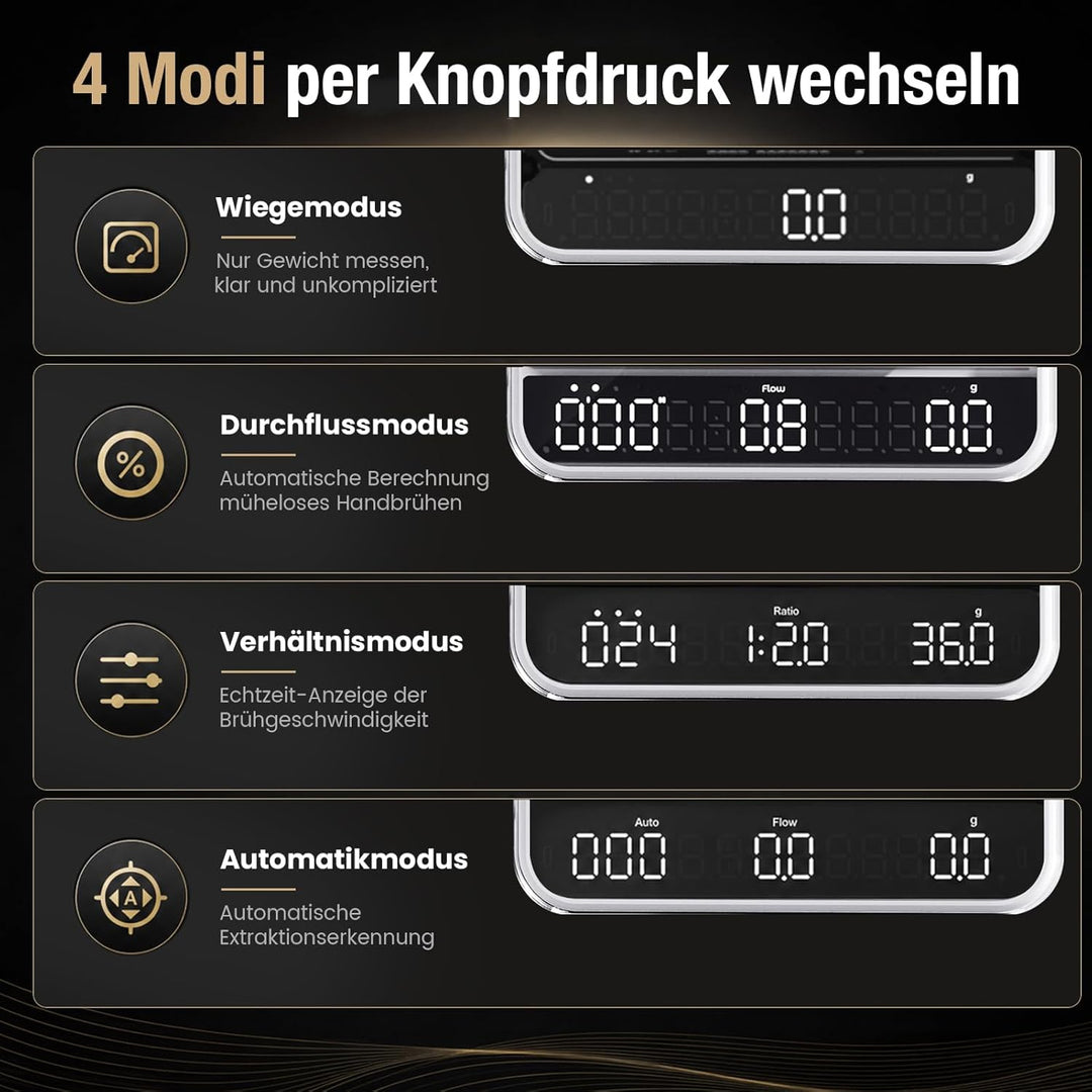 BOOKOO Kaffeewaage mit Timer, 0,1 g hochpräzise Espresso Waage, 2 kg, 4 Modi, Bluetooth-App & Flow R
