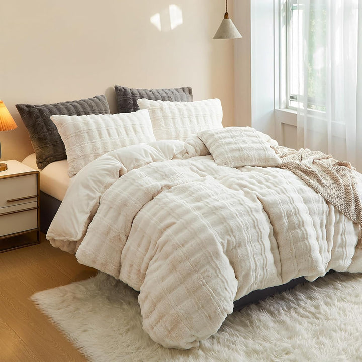 Freyamy Plüsch Bettwäsche-Set 135x200 2tlg Fleece Cremefarben,Kuschelig Warm Bettwäsche Winter Kunst