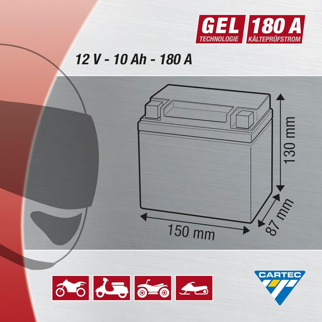 CARTEC Motorradbatterie YTX12-BS, 10Ah, 180A, Gel Technologie Motorrad-Starter-Batterie, Erstausrüst