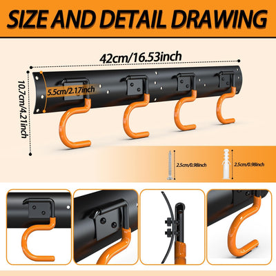 3-H Gerätehalter 6x 42cm Verstellbar Gartengerätehalter Stahl Gartengeräte Aufhängung Set mit 24 Hak