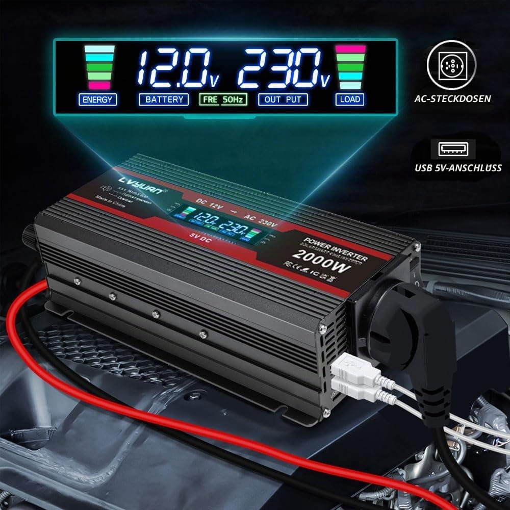 LVYUAN Spannungswandler 12V 230V 1000W / 2000W Wechselrichter LCD mit 2