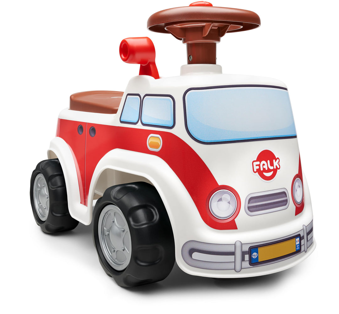 Falk - Retro Combivan Rutschauto – ab 12 Monaten Lenkrad mit Hupe – Hebel mit Soundeffekt – Aufbewah