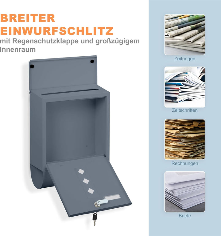 Relaxdays Briefkasten mit Sichtfenster, Metall, 4 Schlüssel, Zeitungsfach, Postkasten, HBT ca. 38 x