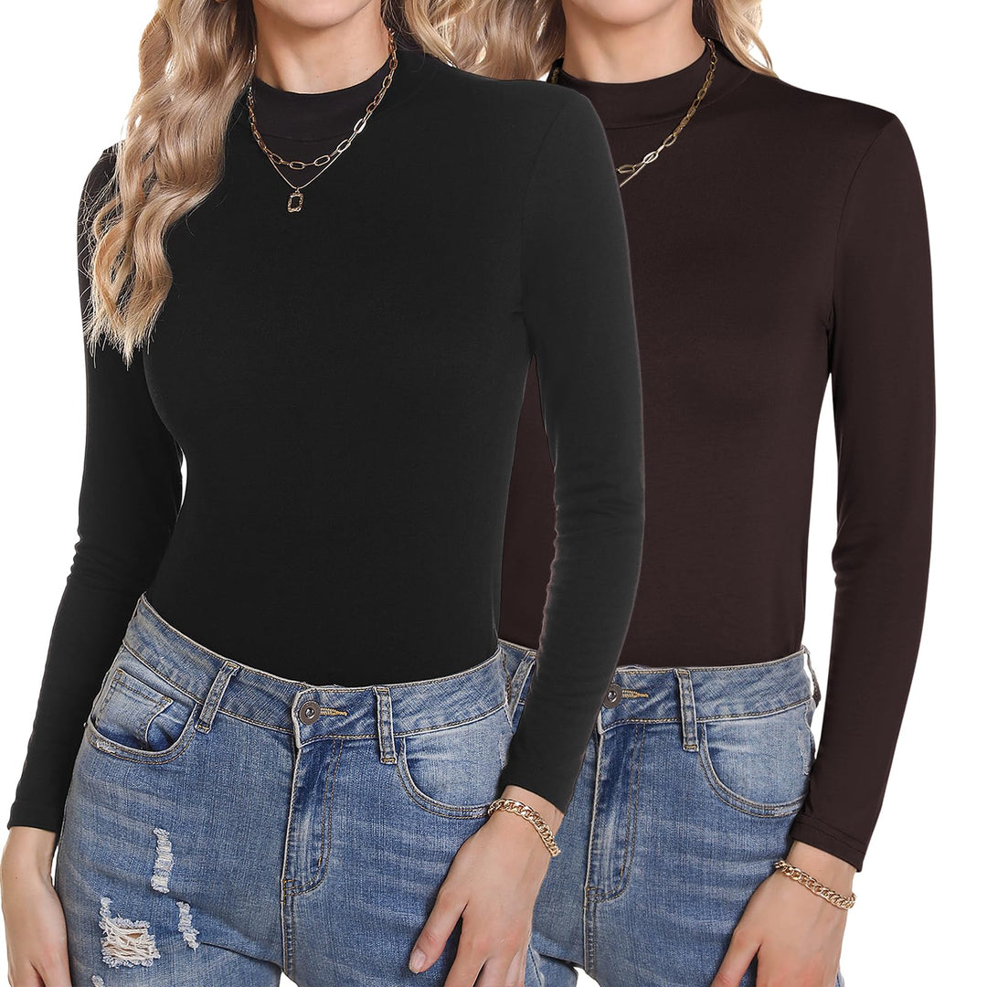 Damen 2 Pack Langarmshirt Set Stehkragen Rollkragenshirt Baumwolle Elegant Basic Oberteile Langarm U