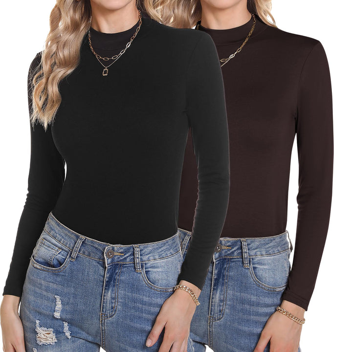 Damen 2 Pack Langarmshirt Set Stehkragen Rollkragenshirt Baumwolle Elegant Basic Oberteile Langarm U